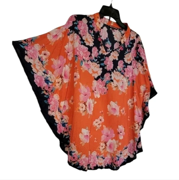 Tolani Collection NWOT wing sleeve coral, pink, blue, teal tropical flower top - Picture 1 of 8